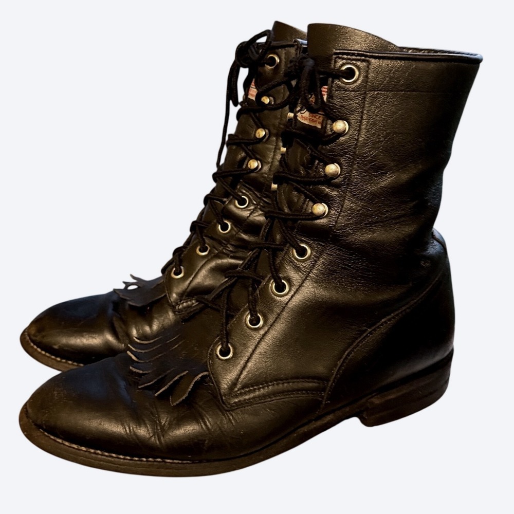 Justin L506 Vintage Black Leather Kiltie Lace Up Western Roper Boots Womens 6.5C